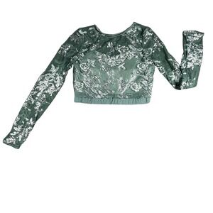Weissman Sequin Mesh Dance Crop Top Green Long Sleeve Performance Size LA